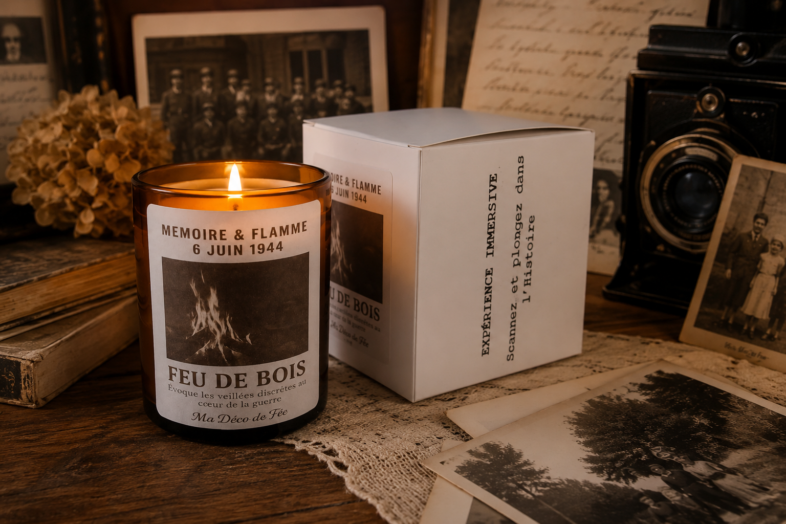Bougie Mémoire et Flamme entourée de photos anciennes pour préserver les souvenirs et transmettre l'histoire familiale