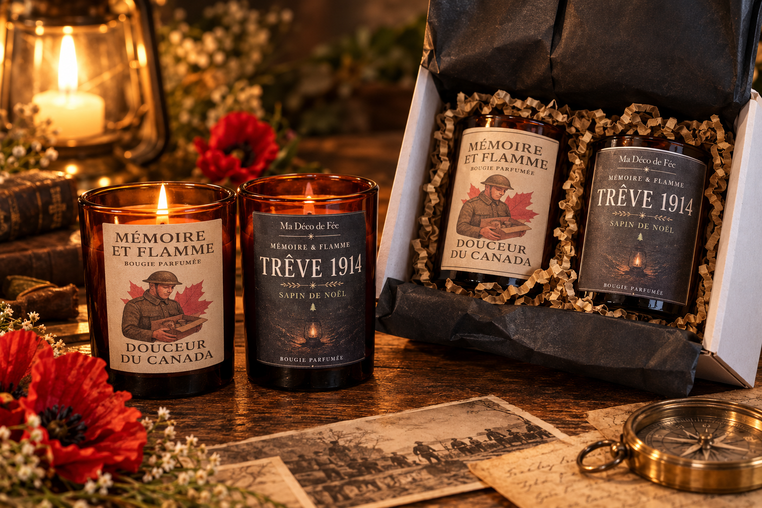 Coffret Duo Prestige Mémoire & Flamme | Grandes Bougies Mémorielles Immersives 14/18
